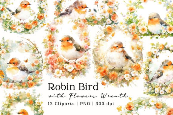 Download Robin Bird Flowers Wreath Watercolor PNG - Premium Resources