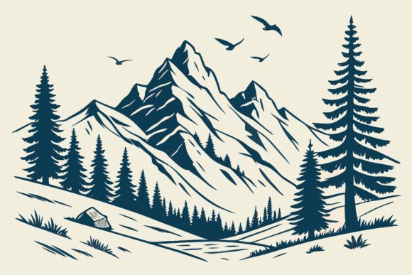 Download Serene Mountains with Pines &amp; Birds - Bird Collection