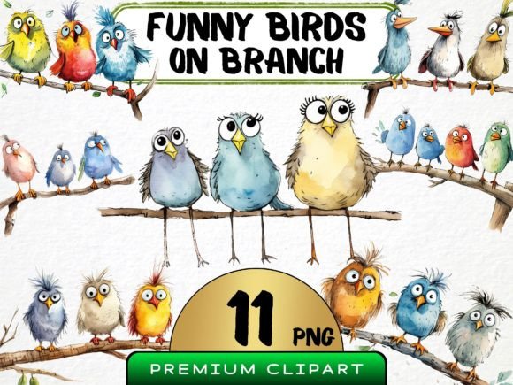 Download Funny Birds on Branch Clipart Bundle PNG - Bird Collection